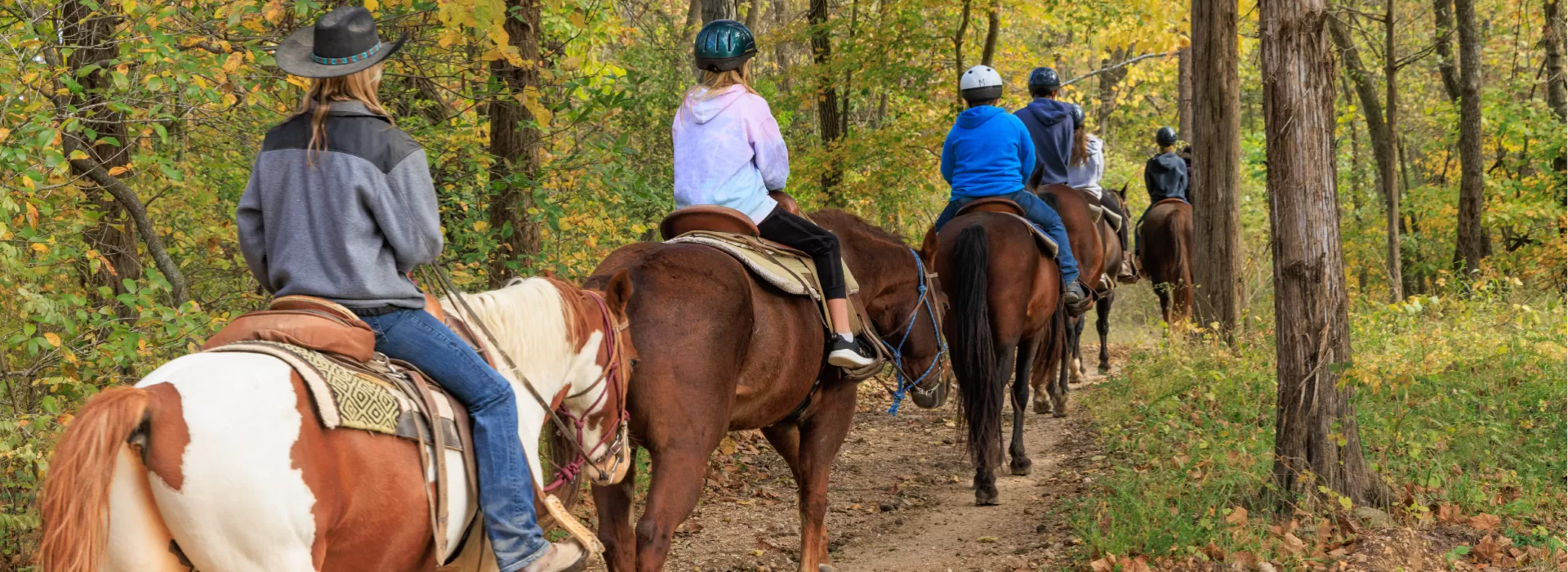 a group at ymca trout lodge on a horseback trail ride